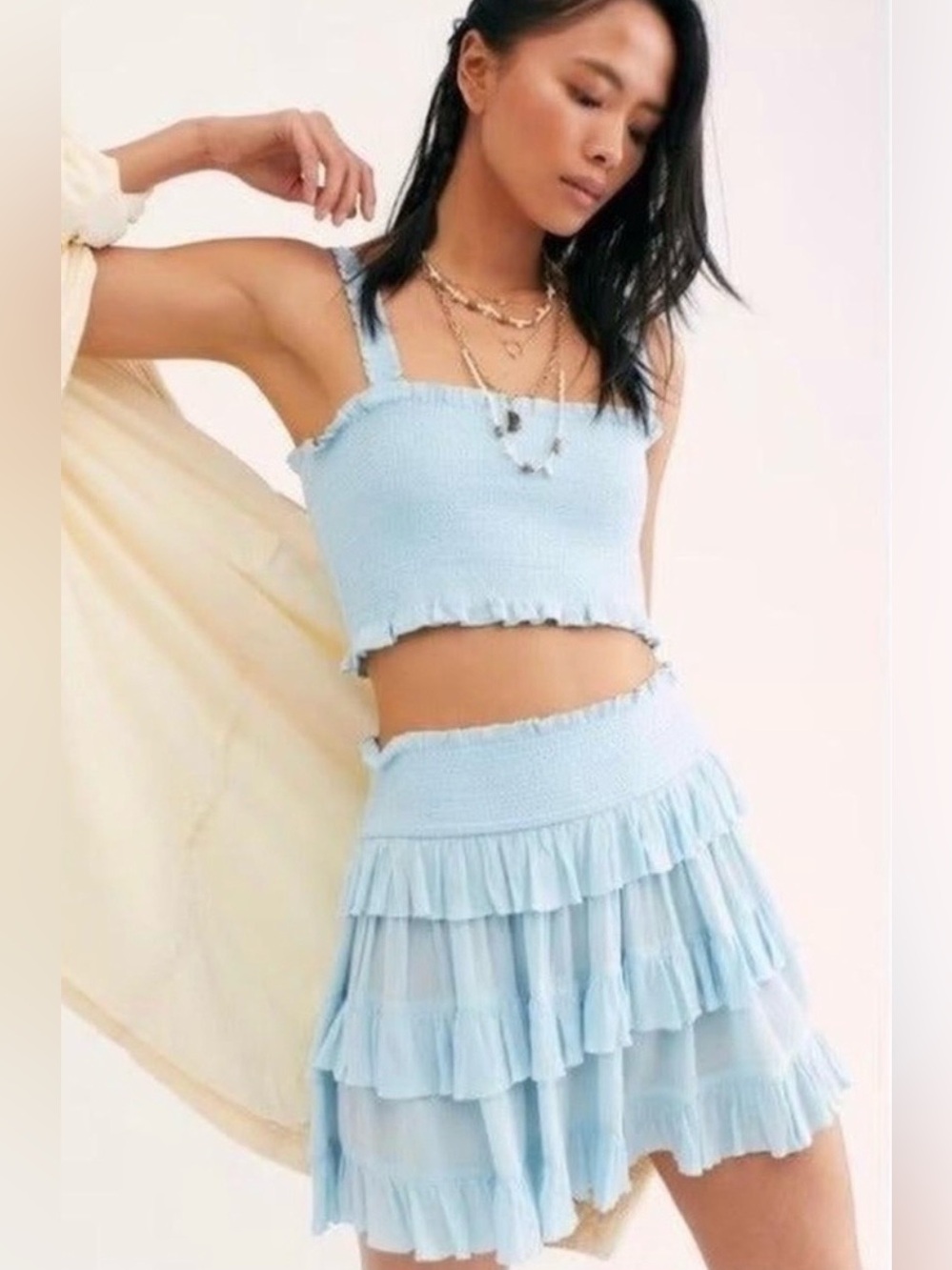 Free People Thalia Light Blue Ruffle Tiered Mini Skirt and cropped tank 2 pc set